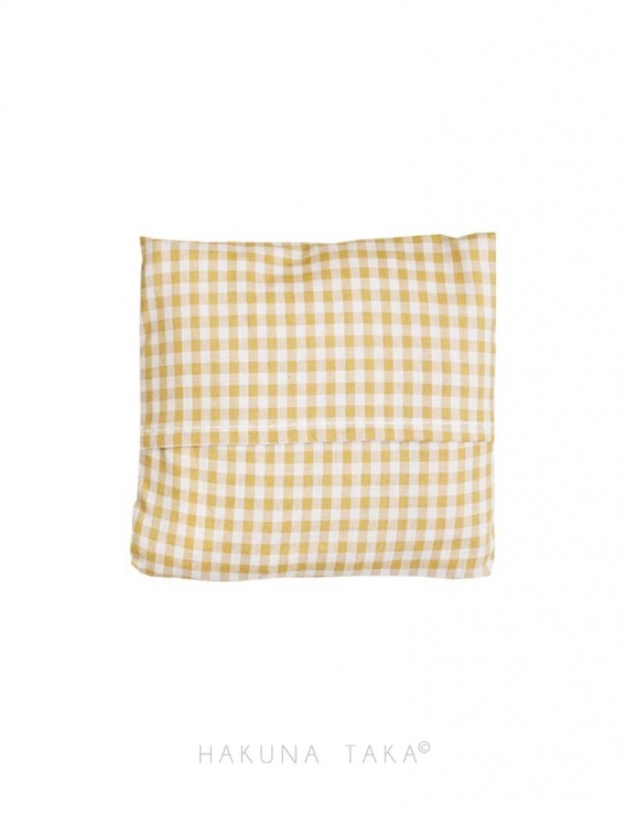 Sac en tissu pliable dans sa pochette de rangement en coton vichy jaune